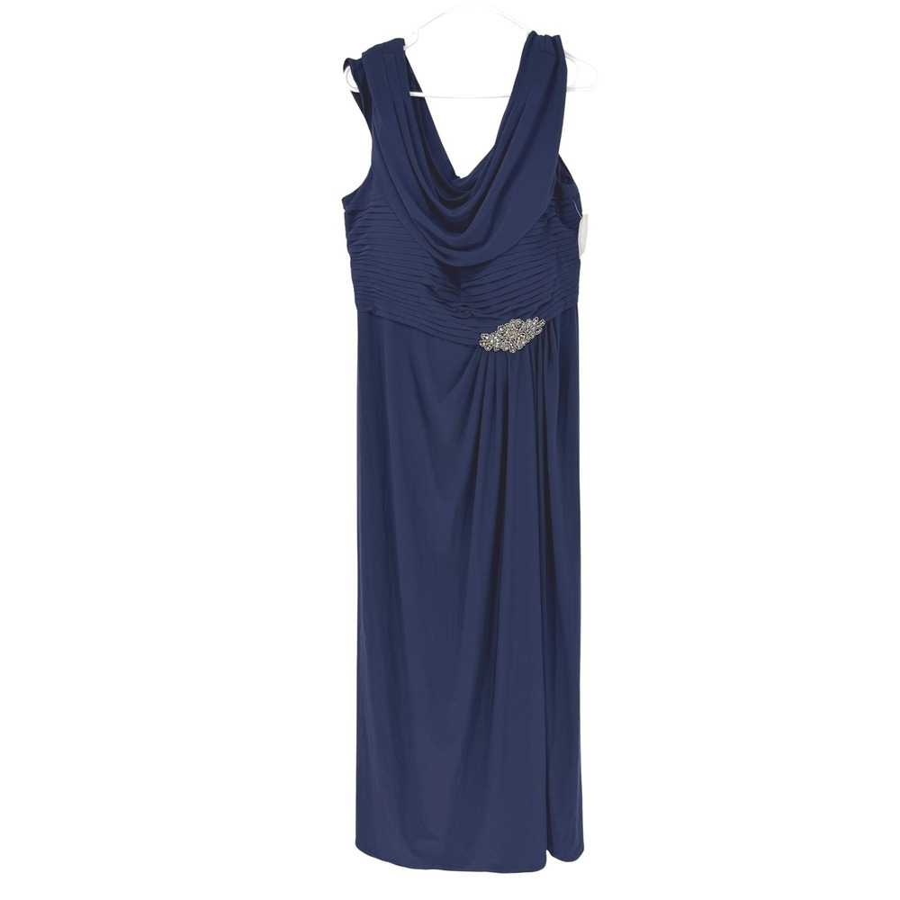 Alex Evenings Womens 14W Navy Blue Ruched Cowl‎ Neck Gown Brooch